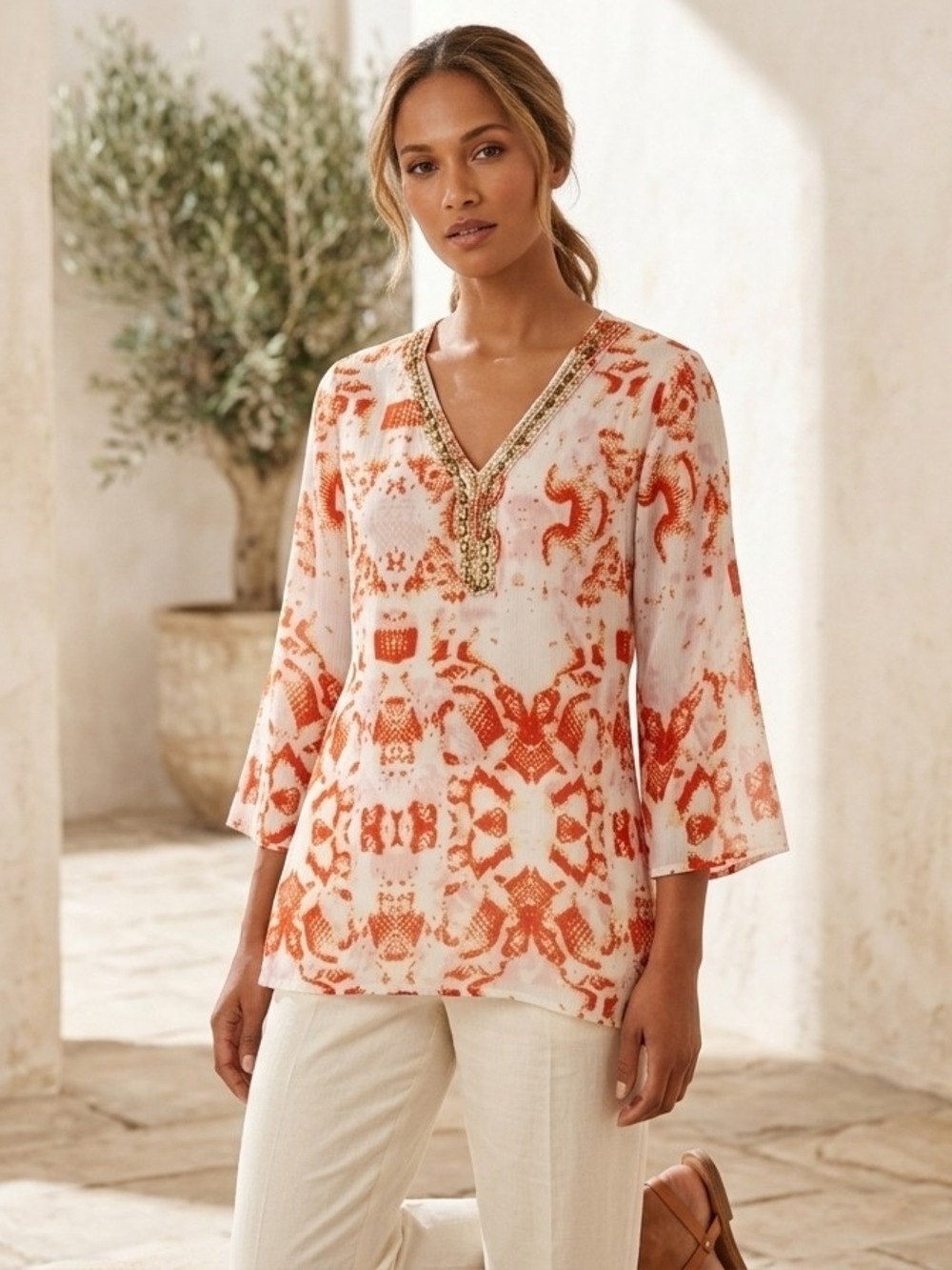 NF - Embellished Embroidered V-Neck Orange Print Tunic